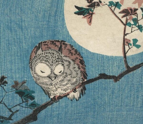 Small Horned Owl on Maple Branch under Full Moon by Utagawa Hiroshigo (1797-1858), Japanese (B034) NEW